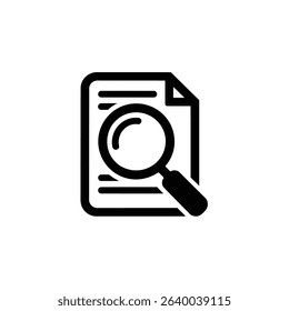 A crisp, black and white icon shows a magnifying glass hovering over a document, symbolizing investigation, scrutiny, or detailed document analysis. Minimalist design.