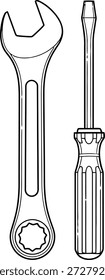 Nítida ilustración en blanco y negro de una llave combinada con caja abierta y extremo, y un destornillador de cabeza plana estándar, herramientas de mano comúnmente utilizadas para el trabajo mecánico.