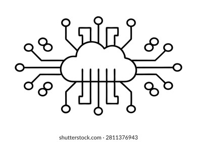 A crisp black and white line art vector illustration presents a central cloud icon dynamically linked to multiple interconnected circuit board elements representing a comprehensive digital network. This graphic symbolizes advanced cloud computing in.