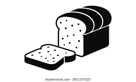 A crisp black and white vector icon depicting a freshly baked loaf of sliced wheat bread. The clean silhouette design makes it perfect for bakery menus or culinary website graphics. This simple illustration highlights a staple pantry item with style.