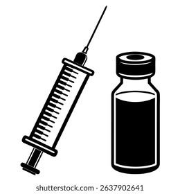 A crisp black and white vector illustration depicts a syringe and vaccine vial, ideal for medical and healthcare applications. 
