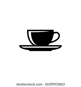 A crisp black and white vector illustration features a simple coffee cup with handle sitting atop a matching saucer, rendered as a clean graphic element.