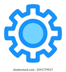 A crisp blue gear icon is isolated on white, indicating settings or configuration options for applications or websites, suitable for technology projects.