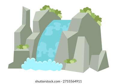Crisp blue waterfall cascades between gray rock formations. Green moss dots jagged stone surfaces. Water splashes at the base with white foam.