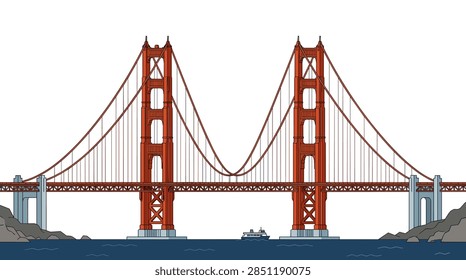 A crisp and clean flat vector art illustration of an iconic orange-red suspension bridge spanning across a body of water. The scene features a small passenger ferry boat underneath the structure, with rocky shoreline on either side and a minimalist white background.
