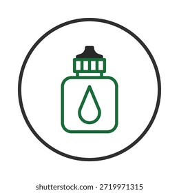 Un icono nítido y limpio con una botella delineada en verde con un símbolo prominente de lágrima en el interior, todo encerrado en un círculo blanco dentro de un borde negro. Simboliza el contenido líquido, potencialmente