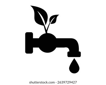 A crisp and clean vector icon depicting a black silhouette of a water tap with a single droplet falling, emphasizing water conservation.