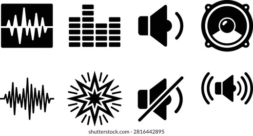 A crisp collection of black audio technology icons including sound waveforms, equalizer bars, speaker volume, loudspeaker, mute symbol, sub-woofer, and sound impact effects. Ideal for music player apps, audio editing software, user interface design, and multimedia projects.