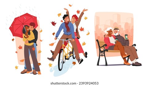 In The Crisp Embrace Of Autumn, Couples Stroll with Umbrella, Hand In Hand, Riding Bicycle and Relax on a Park Bench. Leaves Crunch Beneath Their Feet As Love Blooms Amidst Nature Fiery Transformation