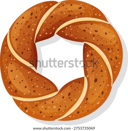Crisp, golden-brown simit bread ring, stylized vector art, top-down view, clean background