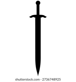 A crisp, isolated image showcases the dark silhouette of a sword. Features a rounded pommel, crossguard, and a slender, pointed blade extending towards the viewer.