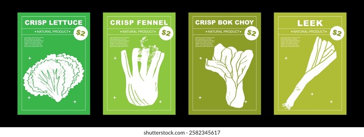 Crisp lettuce, fennel, bok choy, leek. Set of posters of vegetables in a abstract draw design. Label or poster, price tag. Patterns and backgrounds. Perfect for poster, cover, banner.