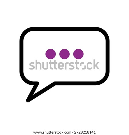 A crisp, minimalist chat bubble icon features a black outline and white fill, with three vibrant purple dots centered inside. This graphic signifies an ongoing or pending message, typing activity, and digital communication on modern platforms.