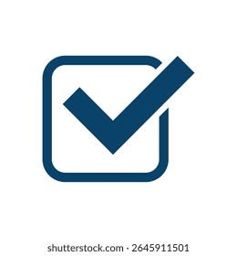Um gráfico nítido e minimalista domina a composição, apresentando uma marca de verificação em negrito dentro de um quadrado. 