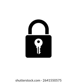A crisp, minimalist graphic featuring a black silhouette of a padlock with a key inside. This simple icon represents security, safety, and privacy, isolated against a white backdrop.