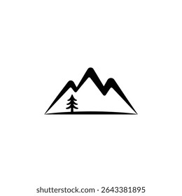 A crisp, minimalist illustration showcases a black silhouette of mountains and a solitary pine tree set against a bright white background. Nature-inspired logo emblem.
