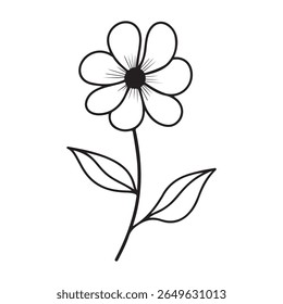 Crisp monochrome botanical shows a simple daisy flower with rounded petals, a contrasting dark center, supported by a slender stem and accented with a pair of delicate leaves.