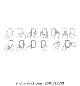 Crisp outline illustrations depict hands interacting with smartphones, demonstrating a range of touch and interaction gestures.