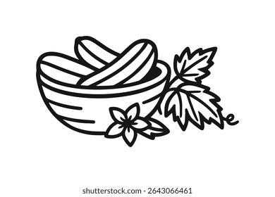 Crisp Pickle Vector Line Art Illustration with Pickles in Bowl for Food Preservation