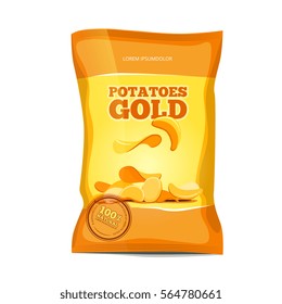 Crisp potato chips snacks vector bag package. Salted chips package, illustration of nutrition chips pack.