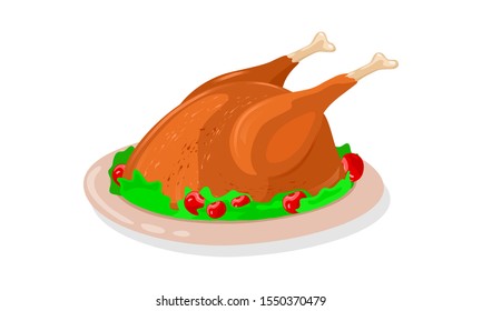 Crisp roasted whole chicken garnished by greenery and red cherries is on dish. Fried turkey or goose is on plate cooked for festive table. Cartoon vector illustration isolated on white background.