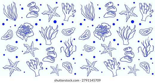 Crisp seamless pattern featuring blue outlines of marine corals, seaweed, stones, and starfish on a clean white background. The design is styled in a fresh Mediterranean line art aesthetic with decorative bubble dots.