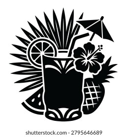 A crisp, solid black vector silhouette illustration in image_63f021.png featuring a festive tropical tiki cocktail. The densely packed, emblem-style composition includes a summer drink garnished with a classic paper umbrella, straw, and citrus slice, surrounded by a Hawaiian hibiscus flower, palm fronds, a pineapple, and a watermelon slice. Perfect for beach party invitations, summer bar menus, luau branding, and clean cut-file designs.