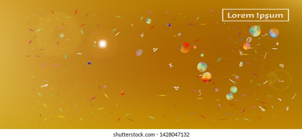 Crisp space and signs confetti. Background blur. Funny colorific illustration. Light Ultra Wide background. Colorful fresh abstraction. Gold colored.