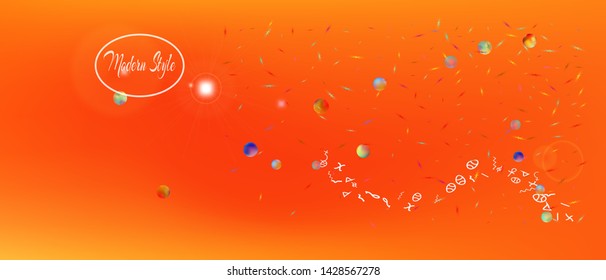 Crisp space and signs confetti. Background graphic. Minimal colorific illustration. A Ultra Wide themed background illustration. Colorful breezy abstraction. Orange red main theme.