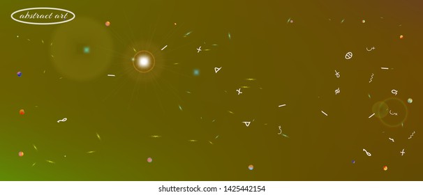 Crisp space and signs confetti. Usefull colorific illustration. Background color. Abstract Ultra Wide background picture. Colorful pristine abstraction. Gold colored.