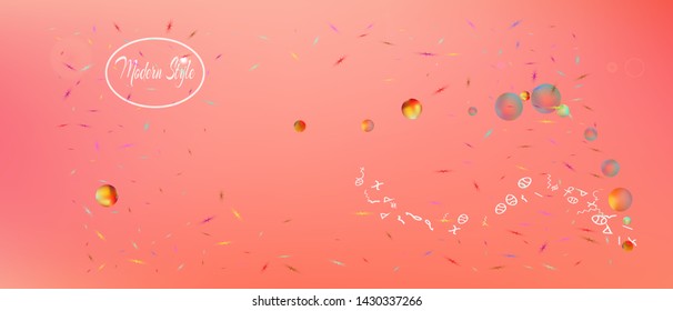 Crisp space and signs confetti. Usefull colorific illustration. Background bright. Super Ultra Wide themed background. Colorful pure abstraction. Coral main color.