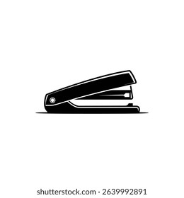 Crisp vector illustration showcases a black stapler against a clean white background. Ideal for office supply designs, icons, or minimalistic graphic projects.