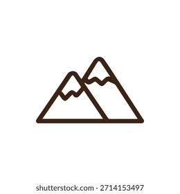 Icono de contorno de Vector nítido con dos picos montañosos estilizados en un diseño minimalista en marrón y blanco ideal para App gráficos de Web y temáticas de aventuras al aire libre.