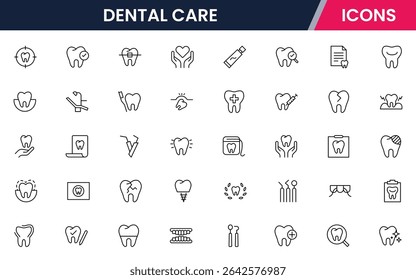 Ícones de linha da Web de vetor nítidos que descrevem cuidados dentários, ferramentas, saúde bucal, procedimentos odontológicos e serviços de bem-estar dentário profissional.