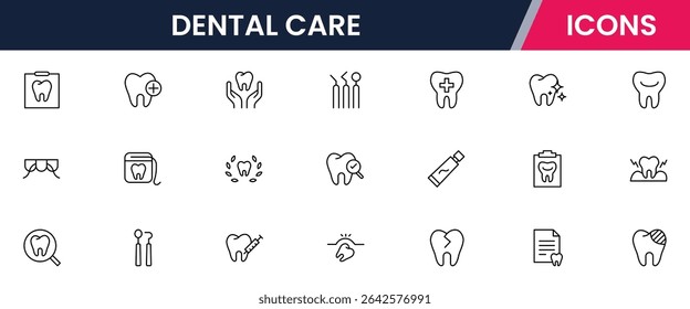 Ícones de linha da Web de vetor nítidos que descrevem cuidados dentários, ferramentas, saúde bucal, procedimentos odontológicos e serviços de bem-estar dentário profissional.