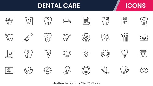 Ícones de linha da Web de vetor nítidos que descrevem cuidados dentários, ferramentas, saúde bucal, procedimentos odontológicos e serviços de bem-estar dentário profissional.