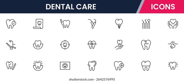 Ícones de linha da Web de vetor nítidos que descrevem cuidados dentários, ferramentas, saúde bucal, procedimentos odontológicos e serviços de bem-estar dentário profissional.
