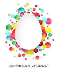 A crisp white egg centrally placed, surrounded by a burst of multicolored confetti dots, portraying a festive and joyous celebration.