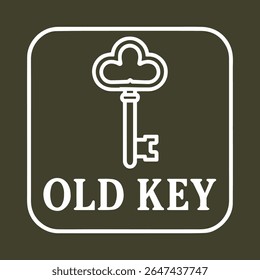 Um contorno branco nítido de uma chave de esqueleto vintage é centrado dentro de um quadro quadrado arredondado em um fundo verde-oliva profundo, apresentando o texto 'CHAVE ANTIGA' abaixo dele. Ideal para histórico.