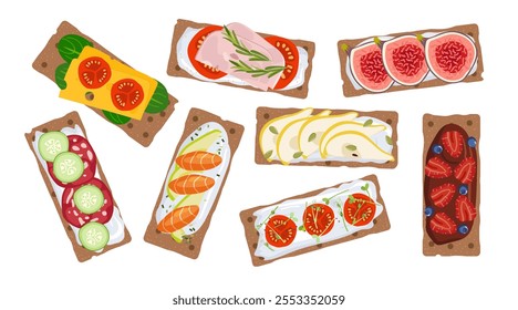 Crispbread Sandwiches. Rye crispbread isolated on white background, top view. Crispbread with soft cheese, sausage, vegetables, fruits. Healthy snack Design for menu cafe, cooking class, recipe.