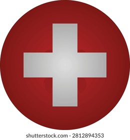 A crisply designed circular badge icon depicting the official flag of Switzerland. This instantly recognizable emblem features a white cross on a red square field, representing the nation's neutrality, peace, and humanitarian values.