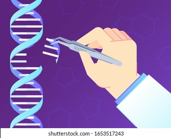 CRISPR CAS9 Gene editing tool. Genome edits, human dna genetic engineering and DNA code vector illustration. Modern laboratory research biotechnology concept with scientist hand and tweezers