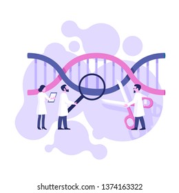 CRISPR Cas9 - group of scientists conduct an experiment with genetic DNA spiral - vector isolated cartoon concept 