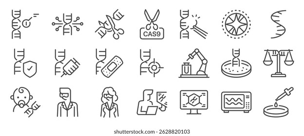 CRISPR gene editing icon set. It includes genetic, DNA, biotech, research, science, and more icons. Editable Vector Stroke.