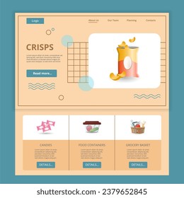 Crisps flat landing page website template. Candies, food containers, grocery basket. Web banner with header, content and footer. Vector illustration.