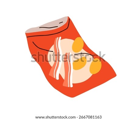 Crisps, potato chips package. Open pack, wrinkled bag with salty fast food, unhealthy snack with bacon taste. Creased plastic packet, trash. Flat vector illustration isolated on white background