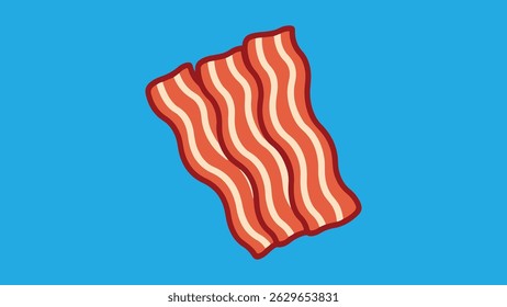 Crispy Bacon Vector Illustration – Red and White Striped Cooked Bacon Strip on Blue Background in Cartoon Style for Breakfast or Food Design