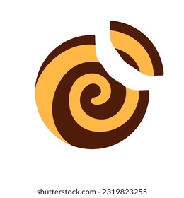 Crispy baked broken cookie isolated on white background. Round swirl brown crunchy meal sign or logo flat design. Chocolate wheat dessert with missing bite. Bitten treat top view vector illustration.