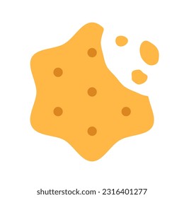 Crispy cheese cracker with missing bite and chips isolated on white background. Salted crunchy snack sign or logo flat design. Baked dessert with crumb. Breakfast broken cookie vector illustration.