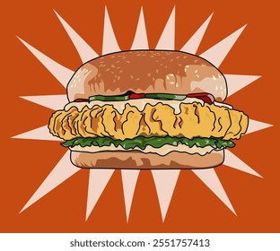 Ilustración vectorial de hamburguesa de pollo frito crujiente. Hamburguesa De Pollo Retro De Dibujos Animados Con Tomate Mayo Y Lechuga. Perfecto para diseñadores y marketers que buscan agregar imágenes apetitosas.